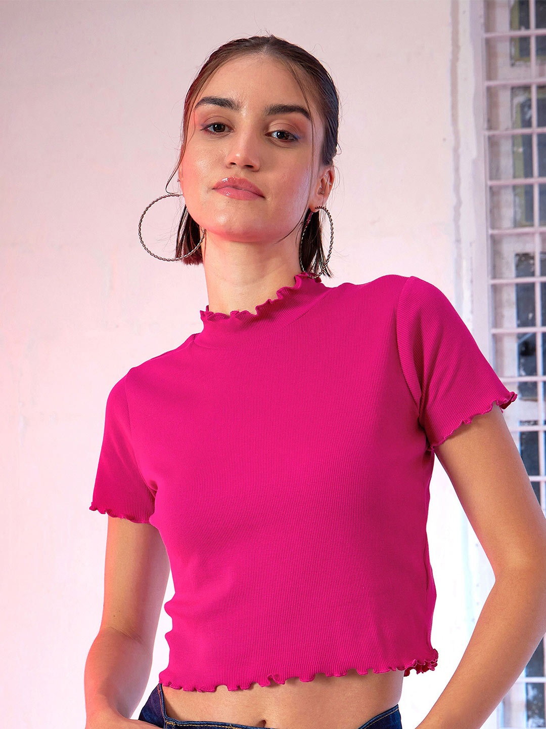 

SASSAFRAS High Neck Pure Cotton Crop Top, Fuchsia