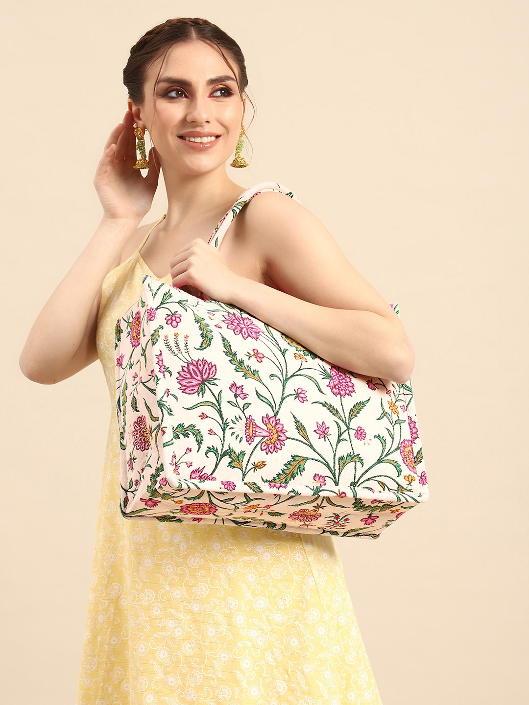 

Sangria Floral Printed Oversized Shopper Tote Cotton Bag, Off white