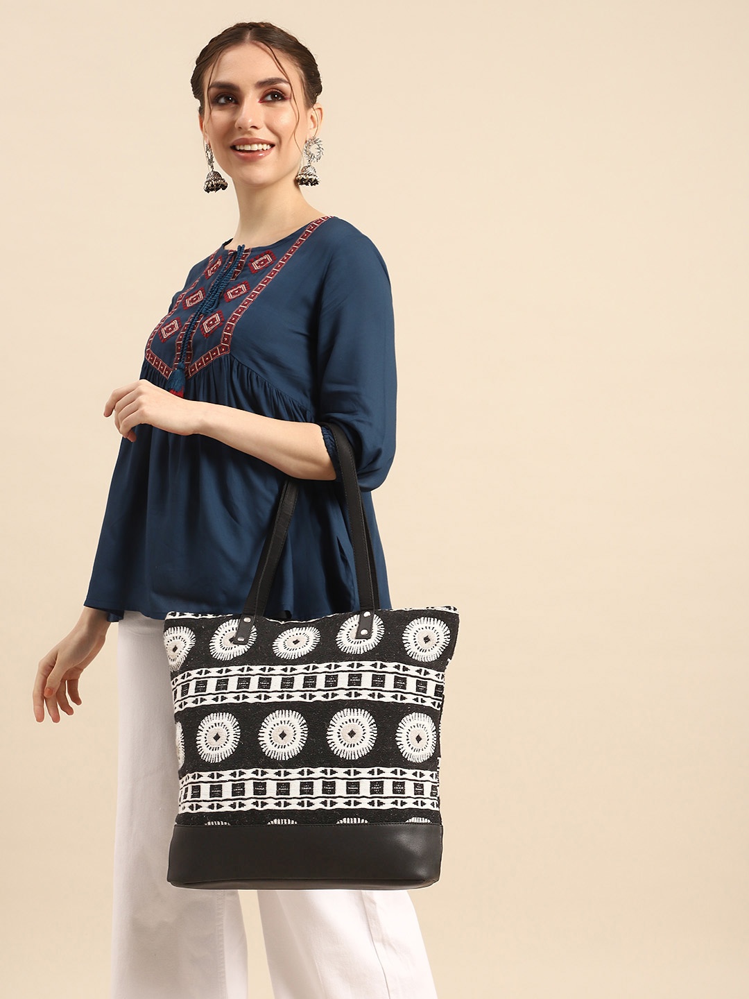 Sangria Ethnic Motifs Printed Oversized Shopper Tote Bag, Black