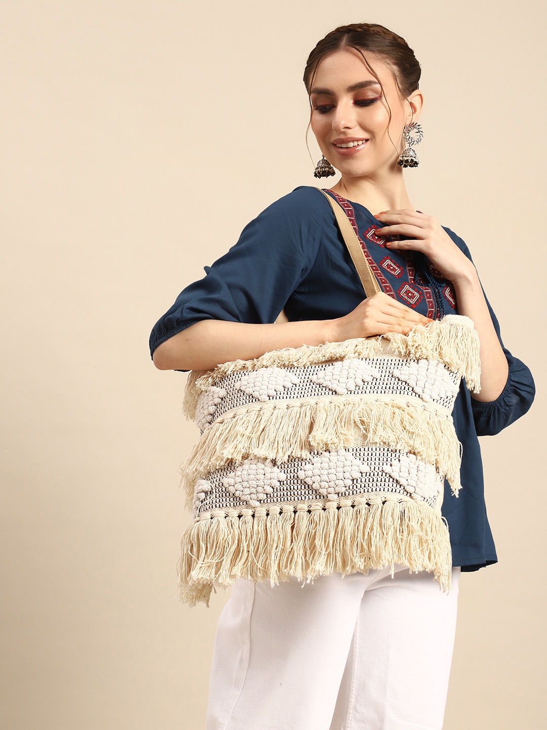 

Sangria Geometric Printed Embroidered Oversized Shopper Tote Bag, White