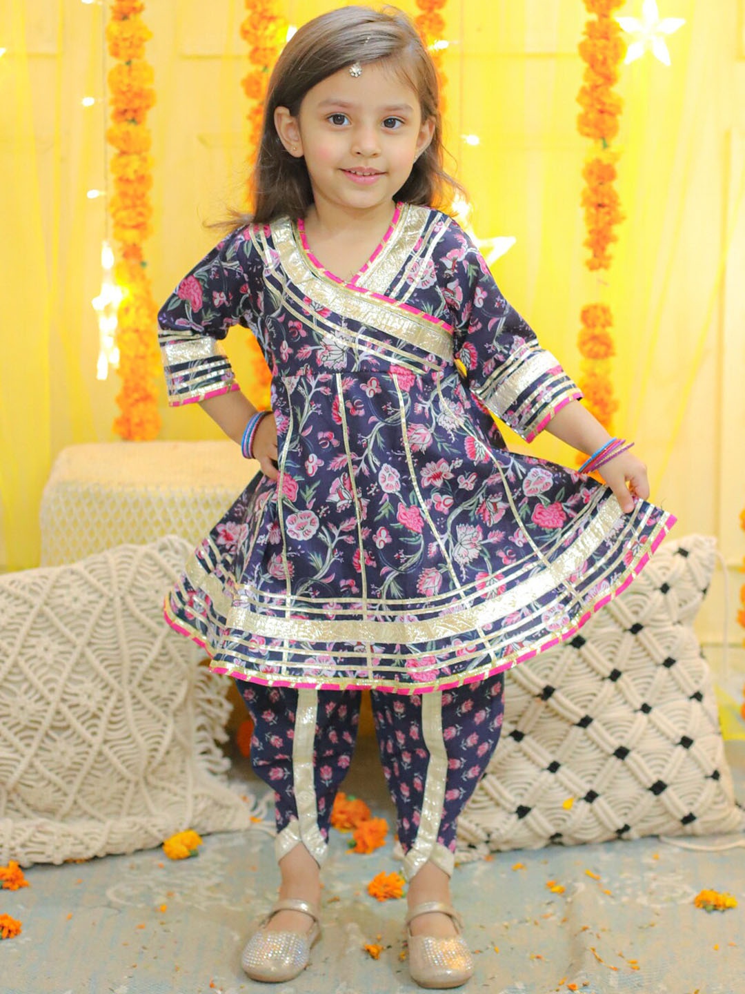 

BownBee Girls Floral Printed Gotta Patti Cotton Angrakha Anarkali Kurta with Dhoti Pants, Blue