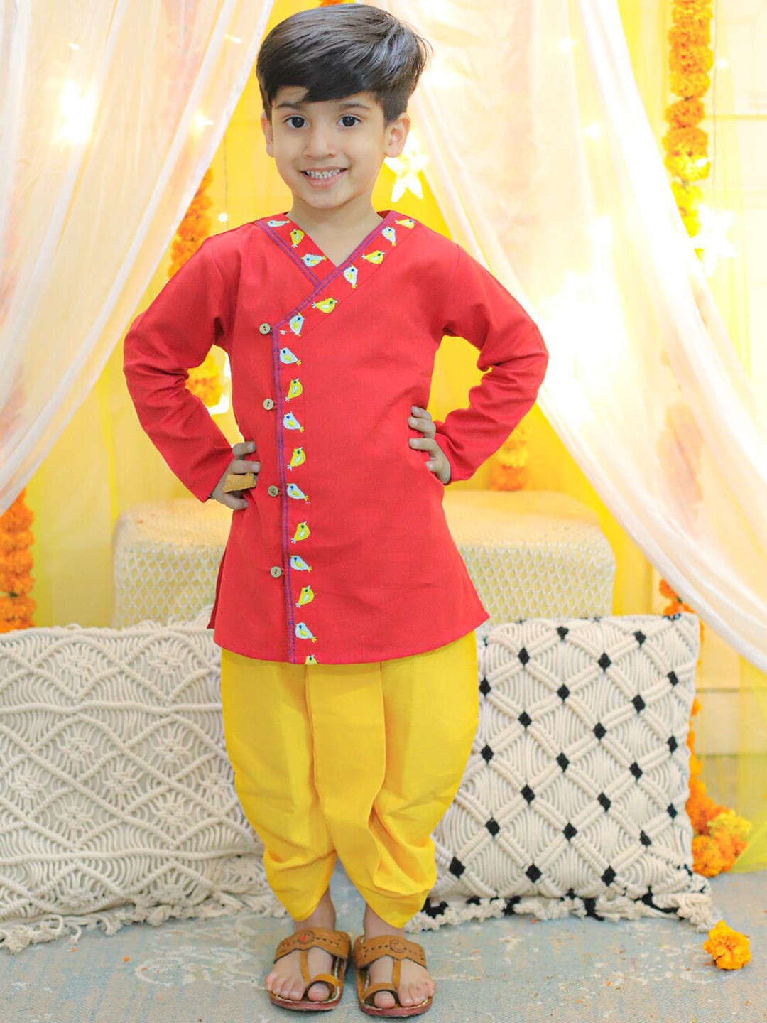 

BownBee Boys Ethnic Motifs Embroidered Pure Cotton Kurta with Dhoti Pants, Red