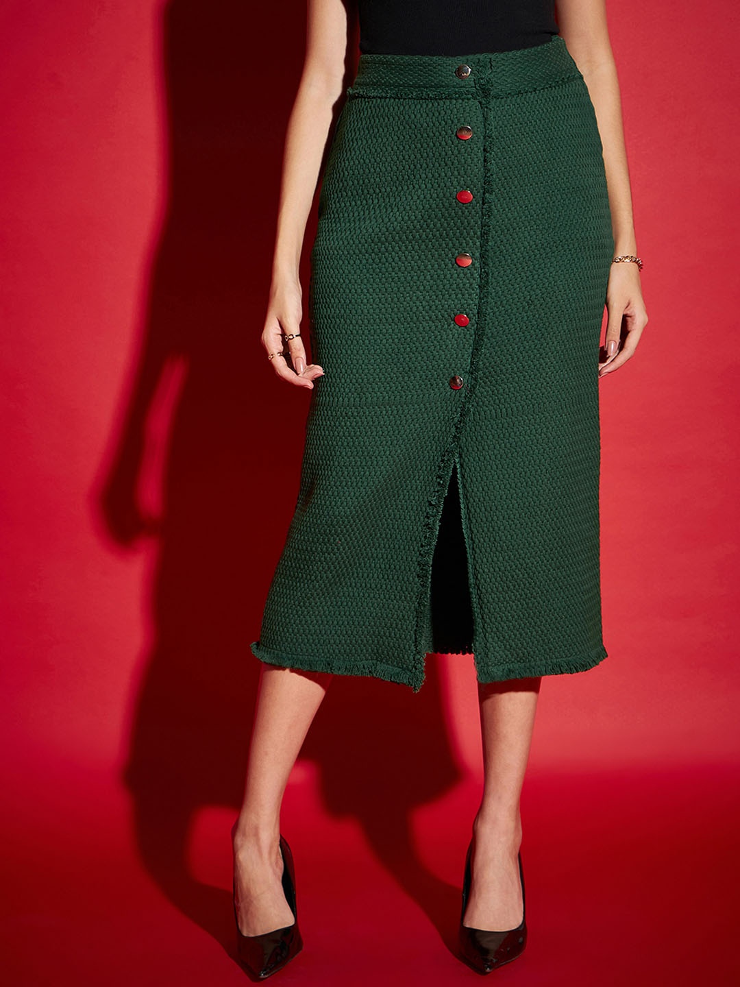 

SASSAFRAS Tweed Front Button Cotton Midi Pencil Skirt, Green