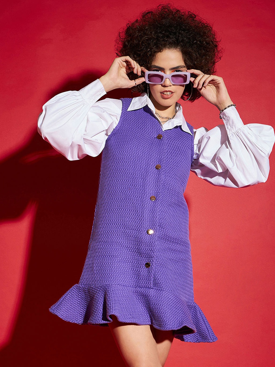 

SASSAFRAS Purple Puff Sleeves Shirt Style Mini Dress