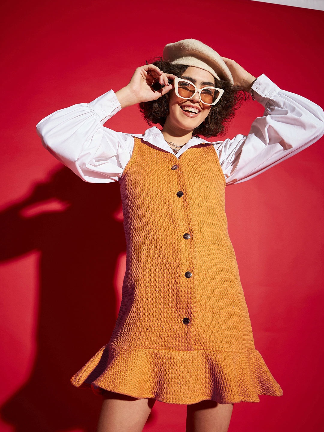 

SASSAFRAS Orange Puff Sleeves Shirt Style Mini Dress