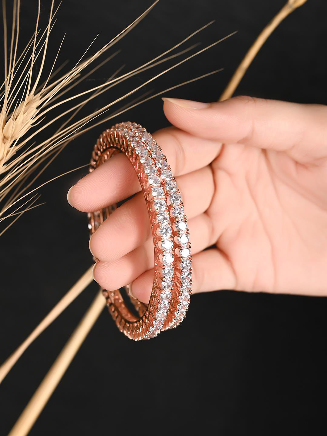 

RATNAVALI JEWELS Set Of 2 Rose Gold-Plated AD-Studded Bangles