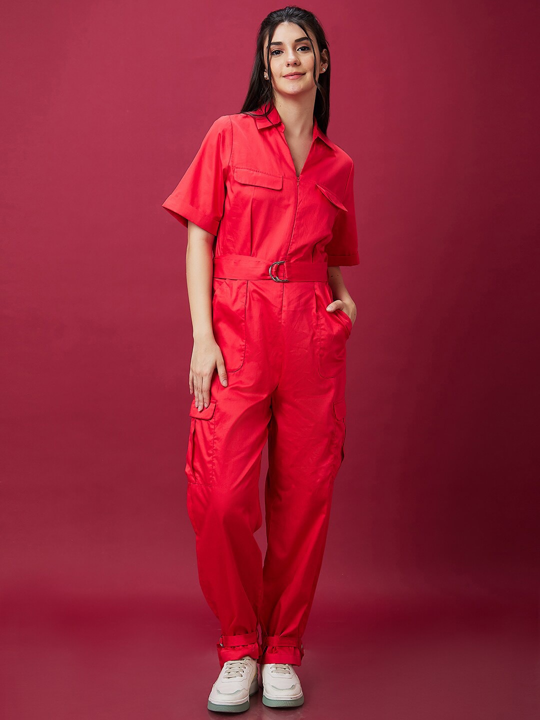 

Globus Red Waist Tie-Ups Pure Cotton Basic Jumpsuit