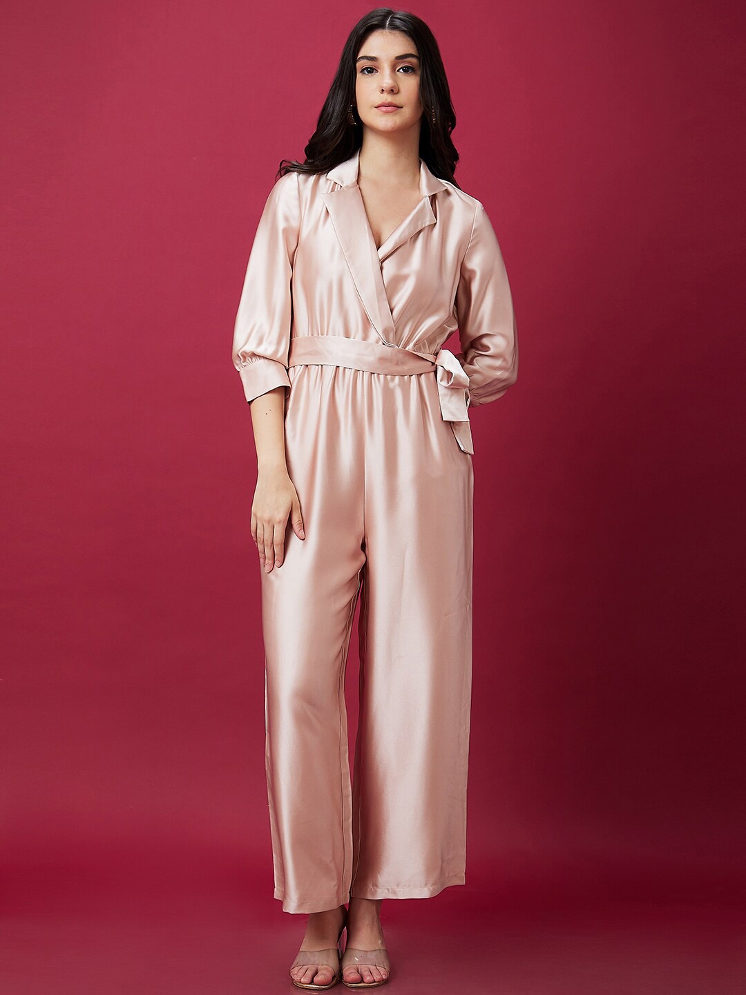 

Globus Lapel Collar Waist Tie Ups Basic Jumpsuit, Nude
