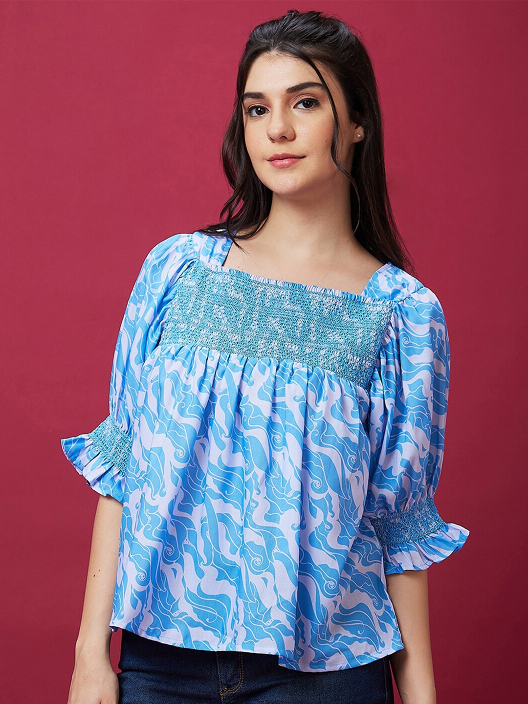 

Globus Blue Abstract Printed Square Neck Puff Sleeve Smocking Top