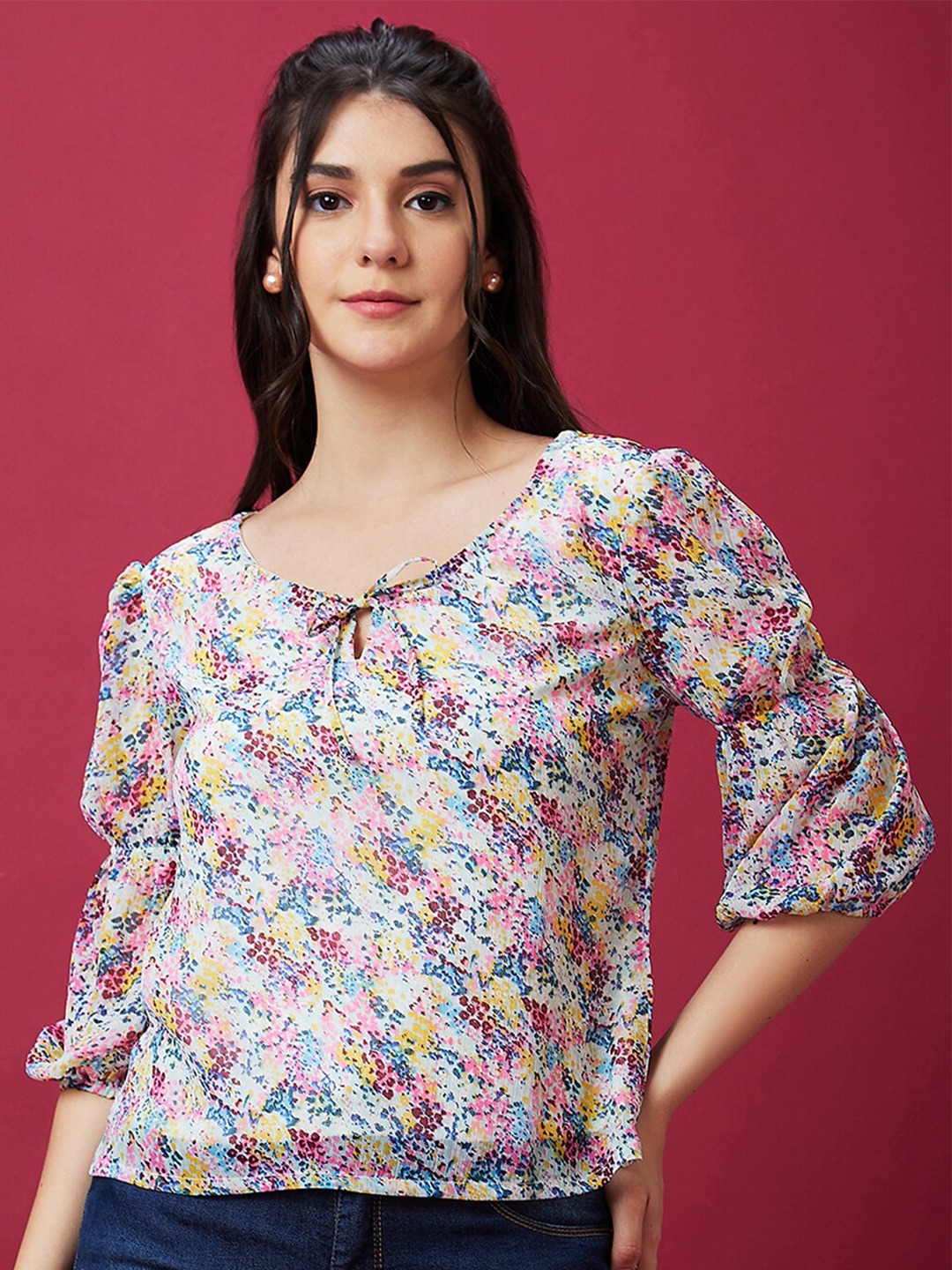 Globus Blue Abstract Printed Tie-Up Puff Sleeve Top