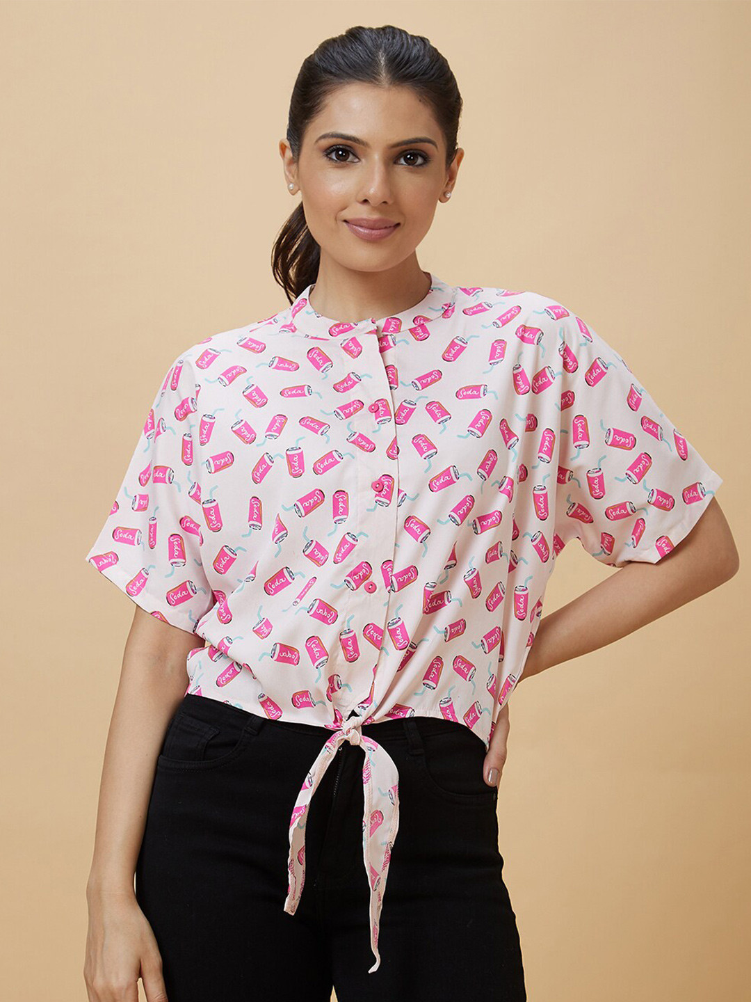 

Globus White Conversational Printed Mandarin Collar Waist Tie-Ups Shirt Style Top