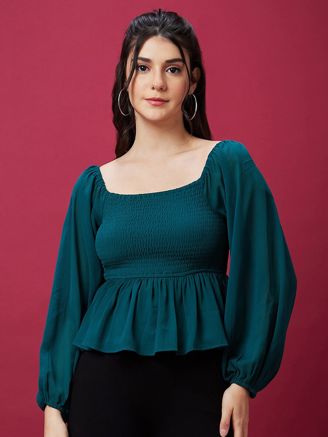 

Globus Teal Square Neck Puff Sleeves Smocked Peplum Georgette Top