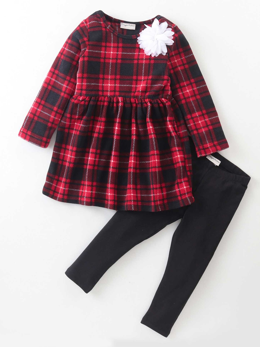 

CrayonFlakes Girls Checked Round Neck Top With Leggings, Red