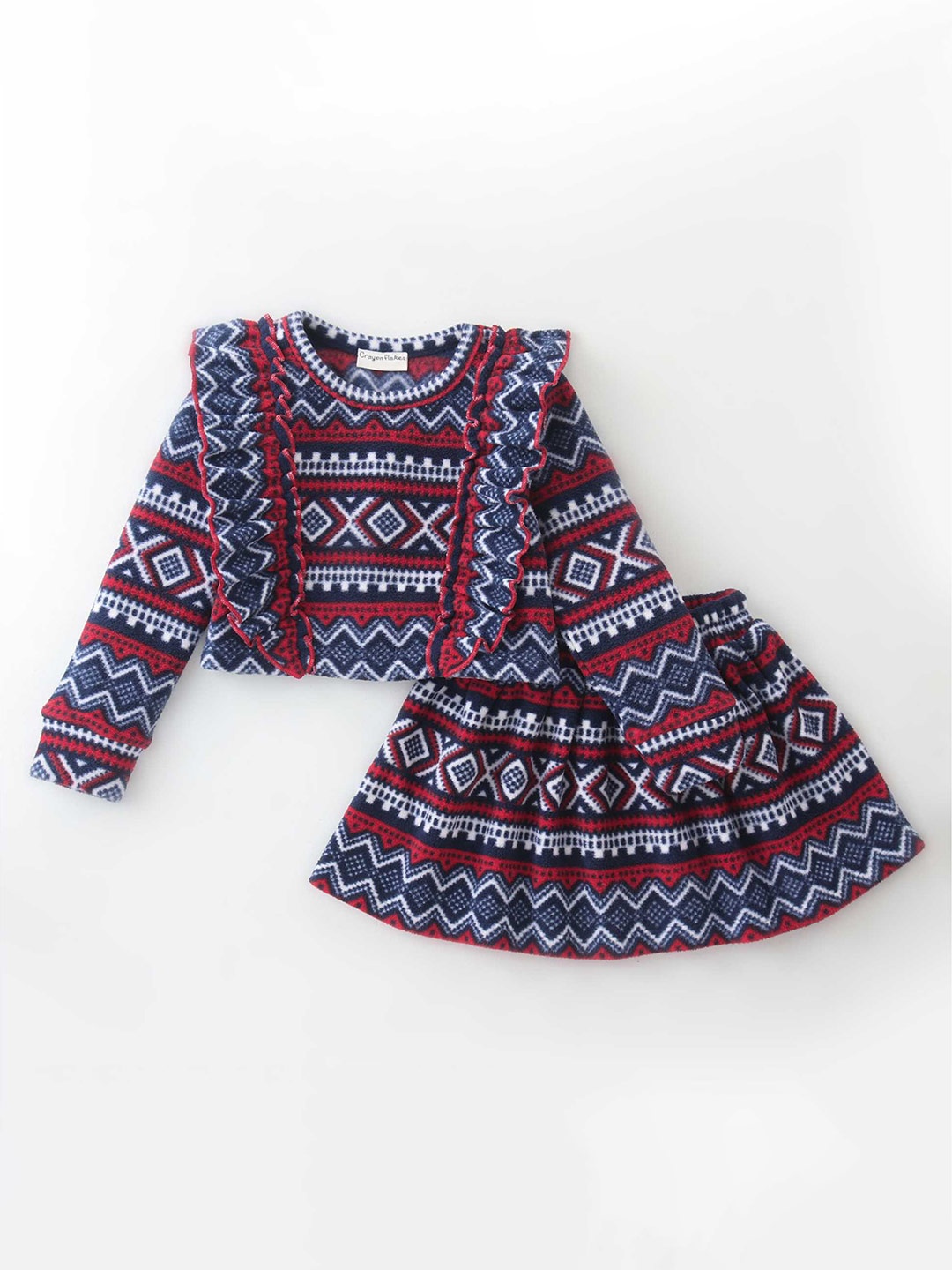 

CrayonFlakes Girls Printed Round Neck Top with Skirt, Navy blue