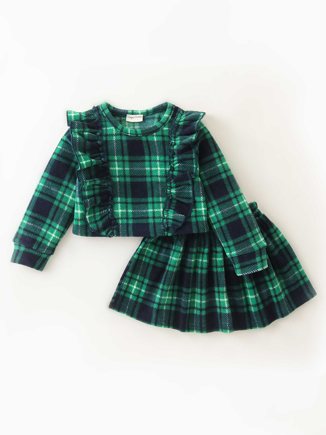 

CrayonFlakes Girls Geometric Printed Round Neck Long Sleeve Top With Skirt, Green