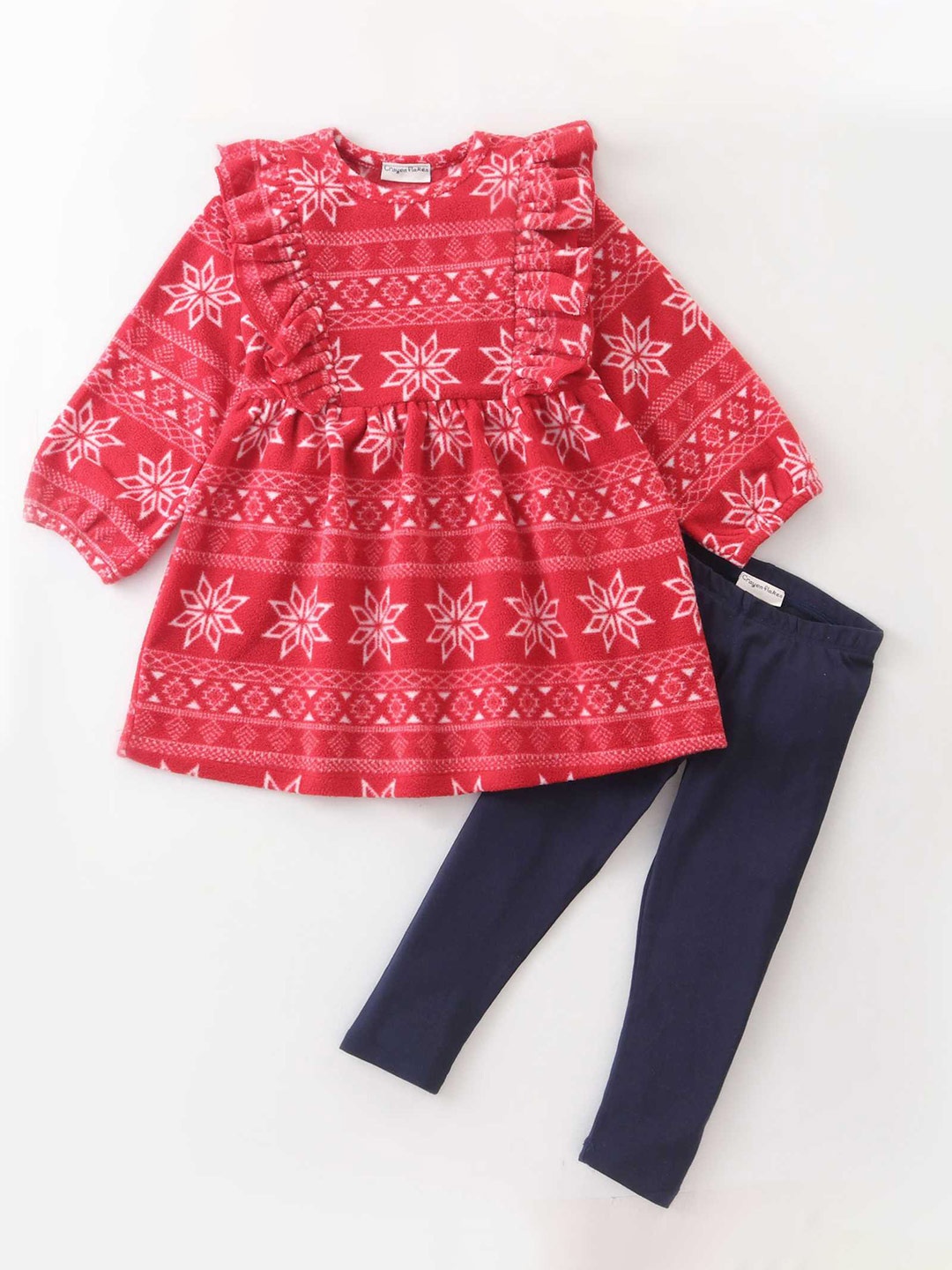 

CrayonFlakes Girls Printed Round Neck Top With Leggings, Red