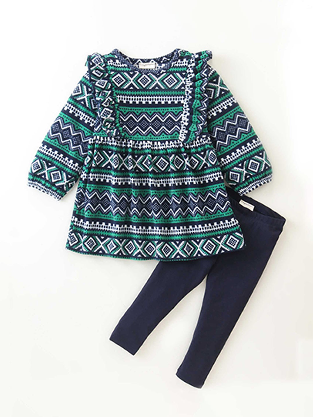 

CrayonFlakes Girls Printed Round Neck Top With Leggings, Green