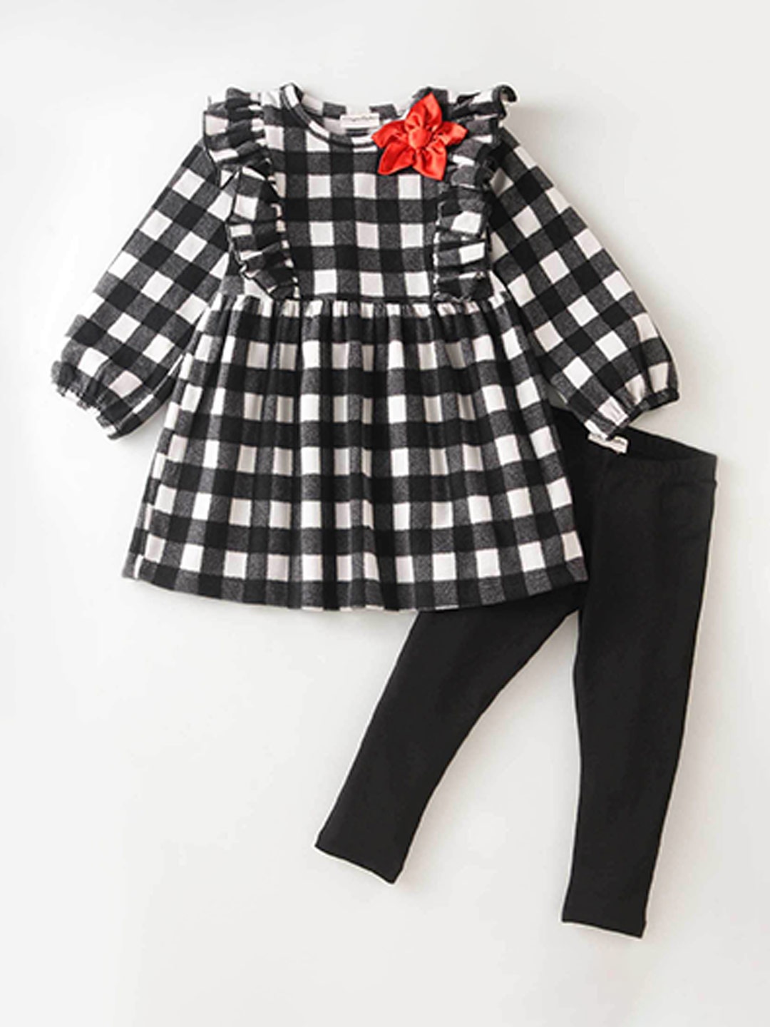 

CrayonFlakes Girls Checked Round Neck Top With Leggings, Black