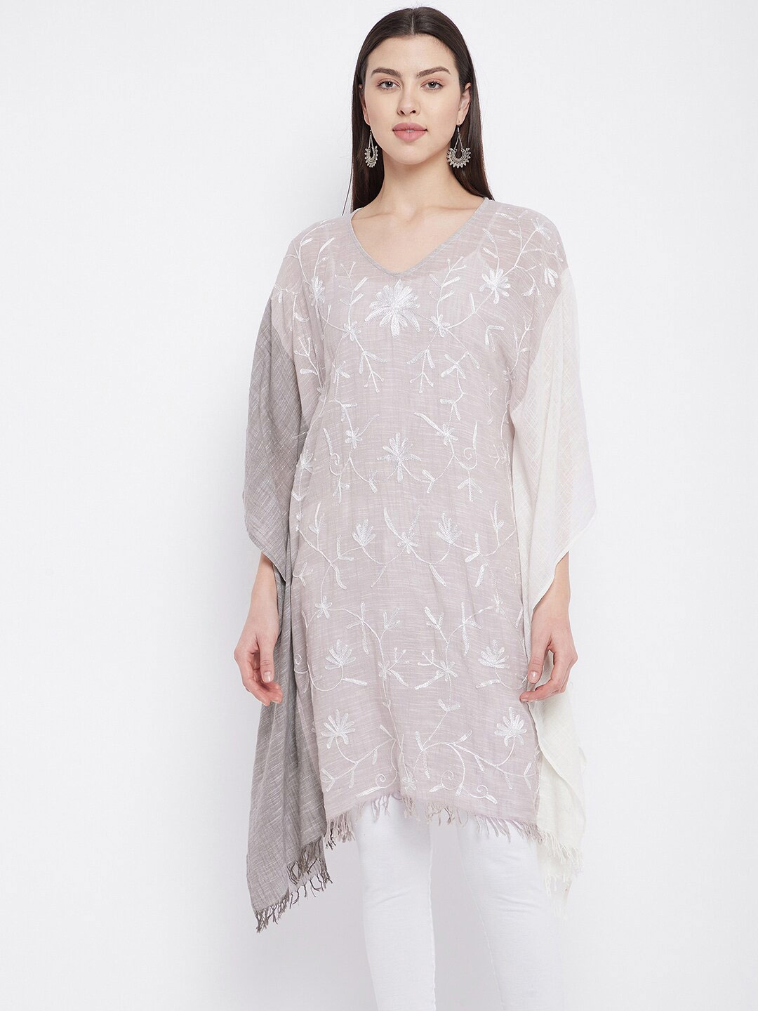 

BAESD Floral Embroidered Kimono Sleeve Cotton Kaftan Kurta, Grey