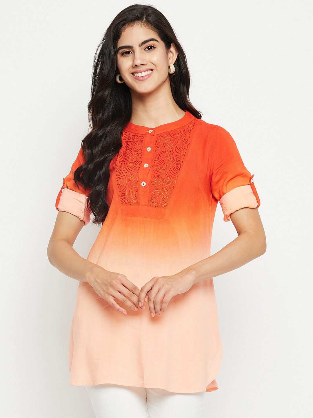 

BAESD Tie & Dye Dyed Mandarin Collar Embroidered A-Line Top, Orange