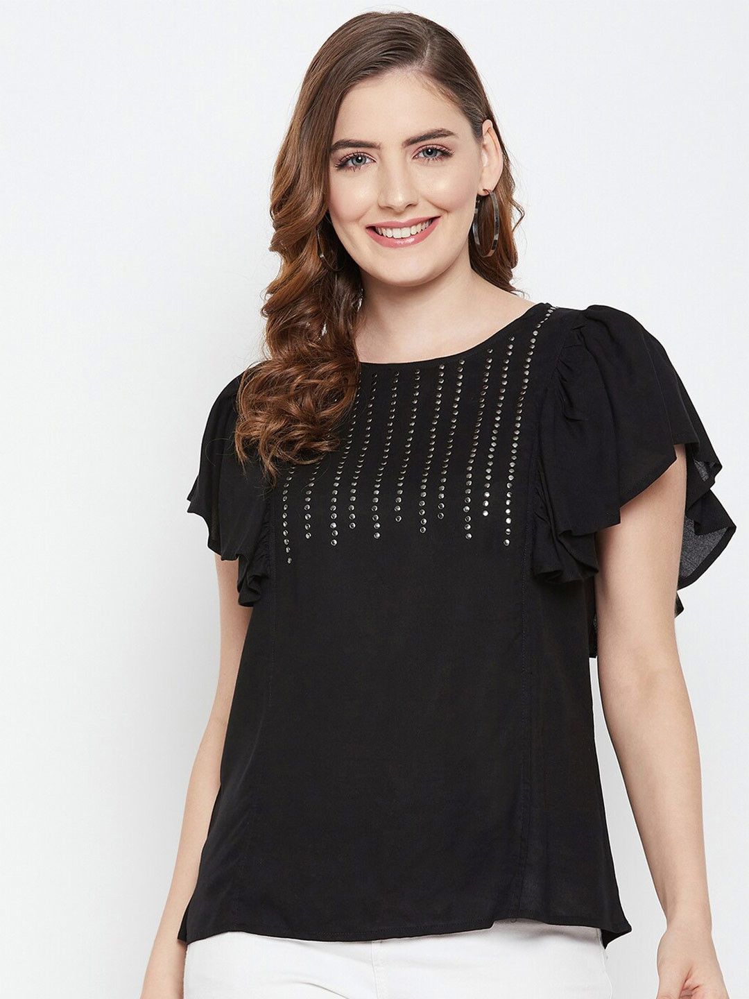 

BAESD Embellished Flutter Sleeve Regular Top, Black