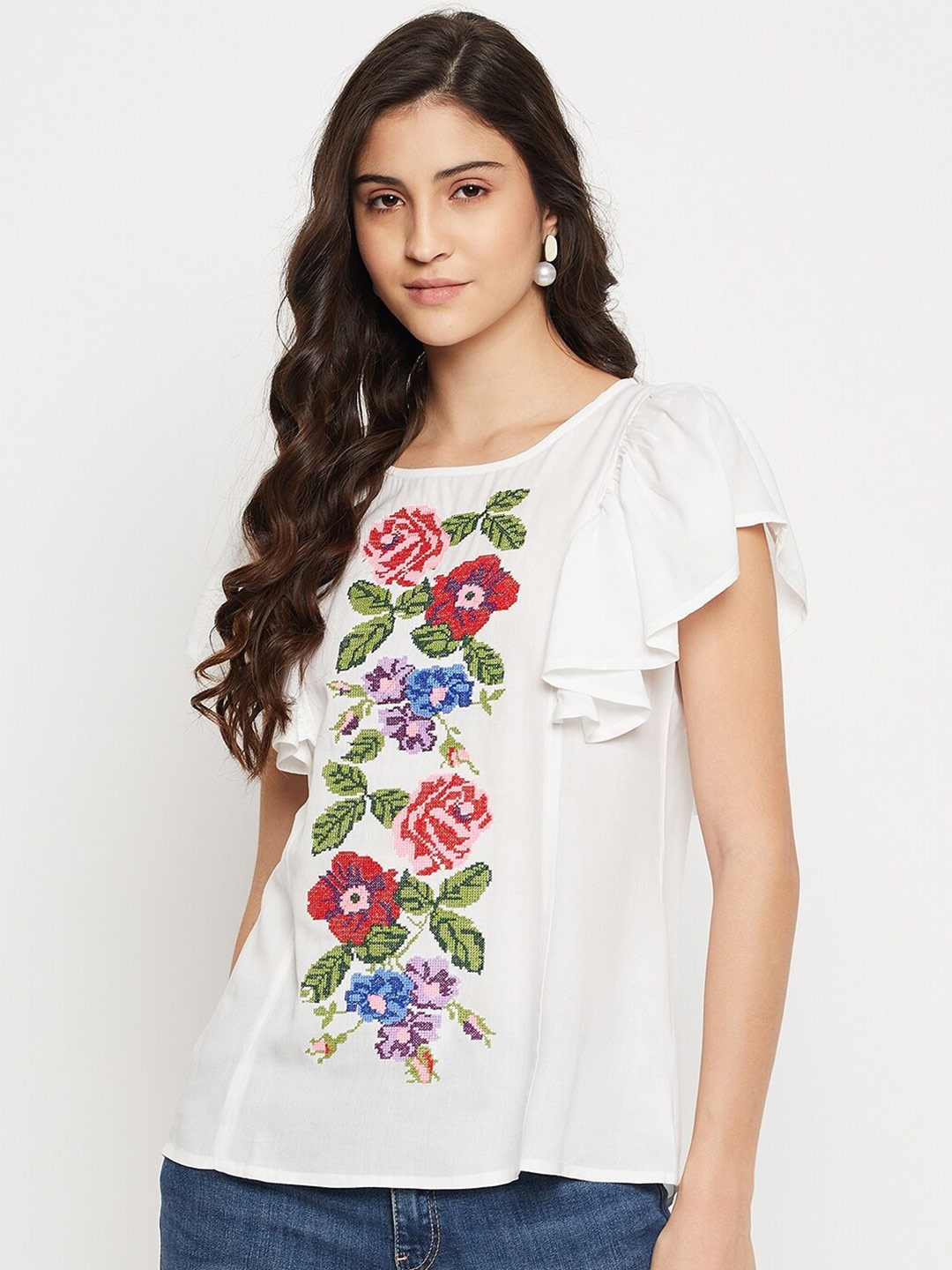 

BAESD Floral Embroidered Flutter Sleeves Regular Top, White