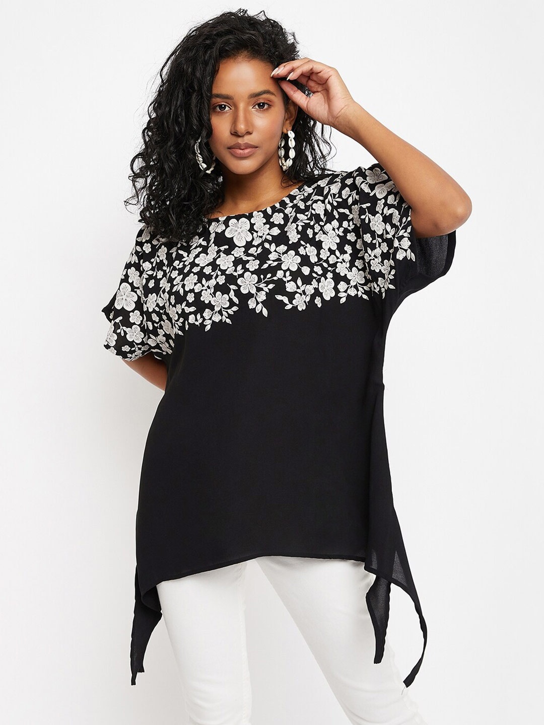 

BAESD Floral Printed Extended Sleeves Georgette Regular Top, Black