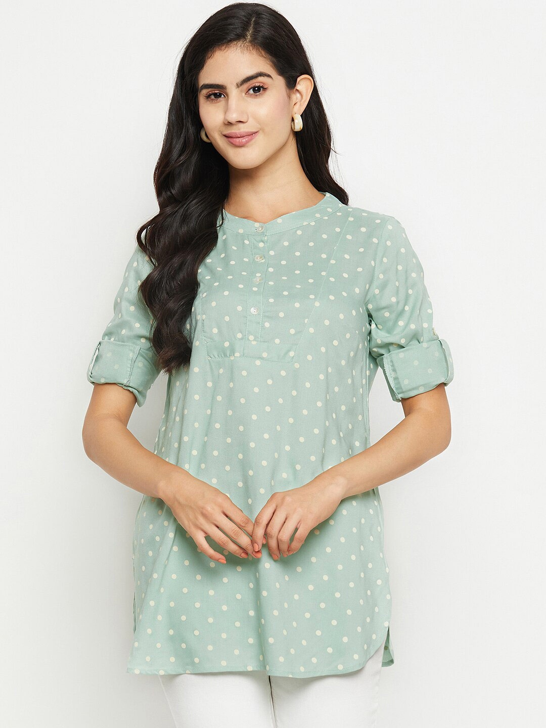 

BAESD Polka Dot Printed Mandarin Collar Shirt Styled Top, Green