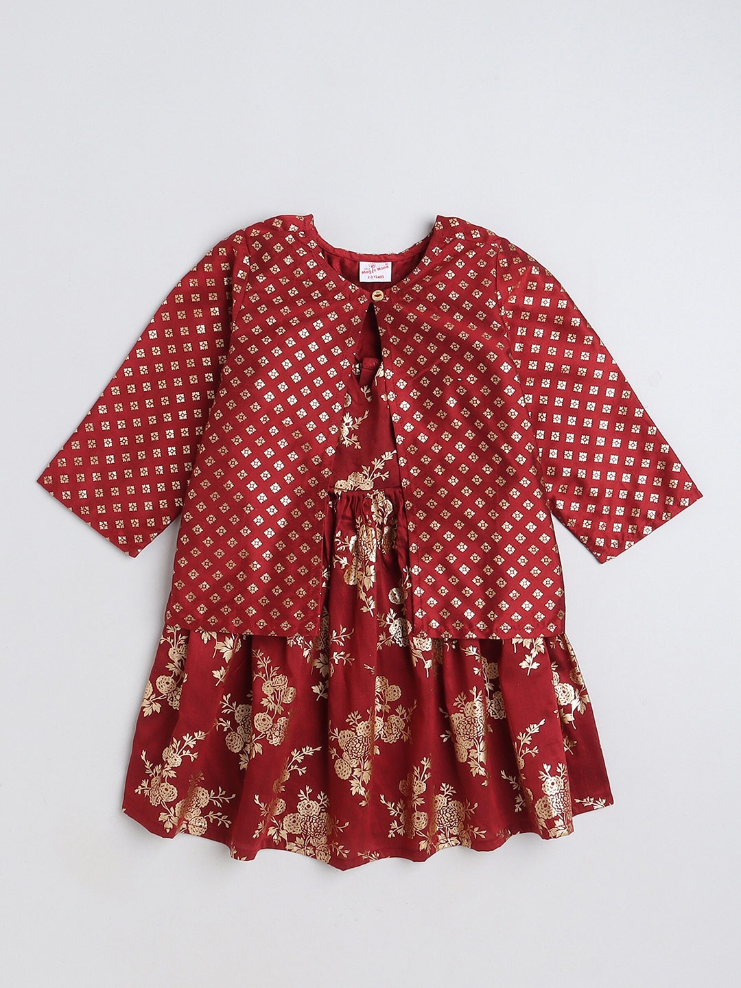 

The Magic Wand Girls Ethnic Motif Printed Halter Neck A-Line Ethnic Dress With Jacket, Maroon