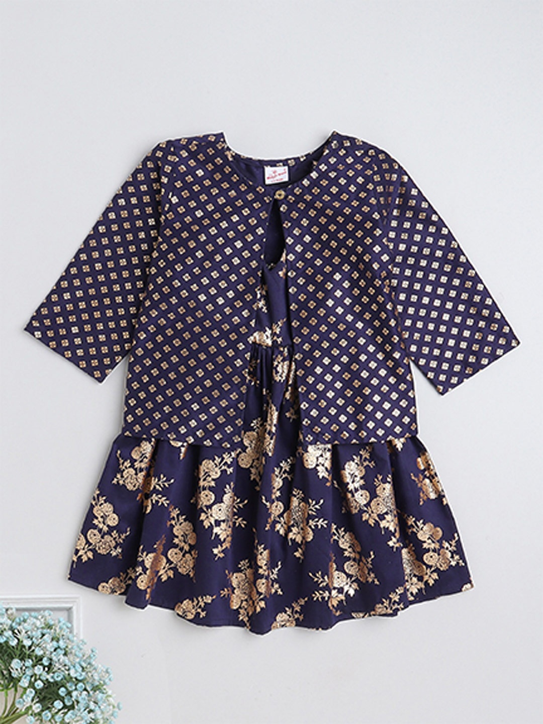 

The Magic Wand Girls Ethnic Motif Printed Halter Neck A-Line Ethnic Dress With Jacket, Navy blue