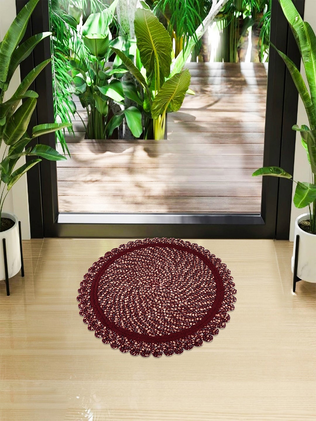 

Kuber Industries Maroon 2 Pieces Self-Design Cotton Round Doormats