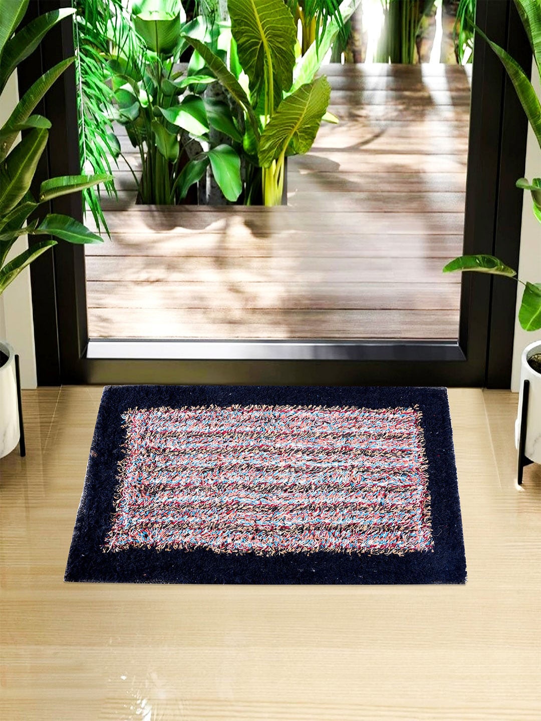 

Kuber Industries 3 Pcs Navy Blue & Pink Self-Design Cotton Doormats