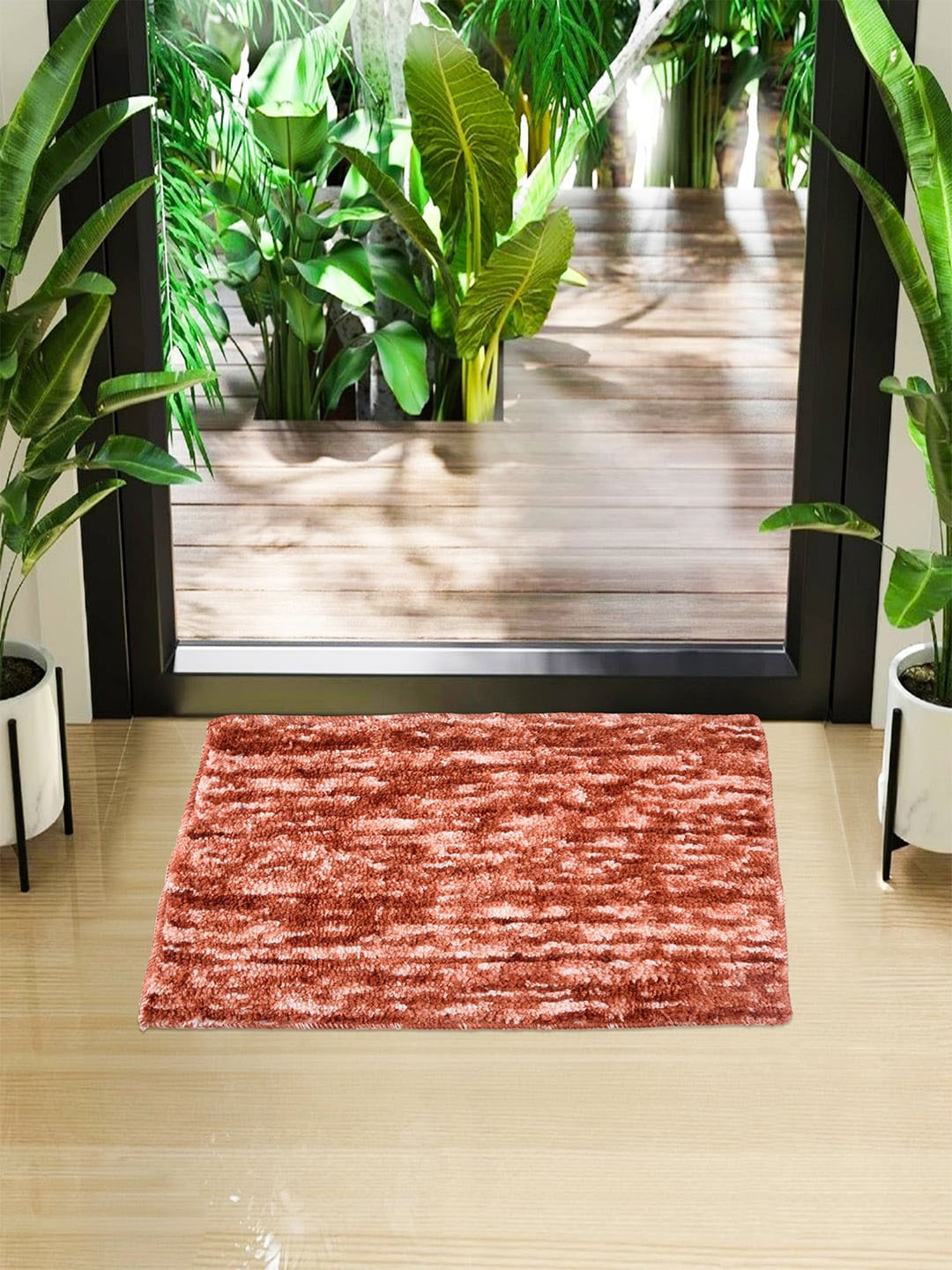 

Kuber Industries Orange 2 Pieces Woven Design Microfiber Doormats