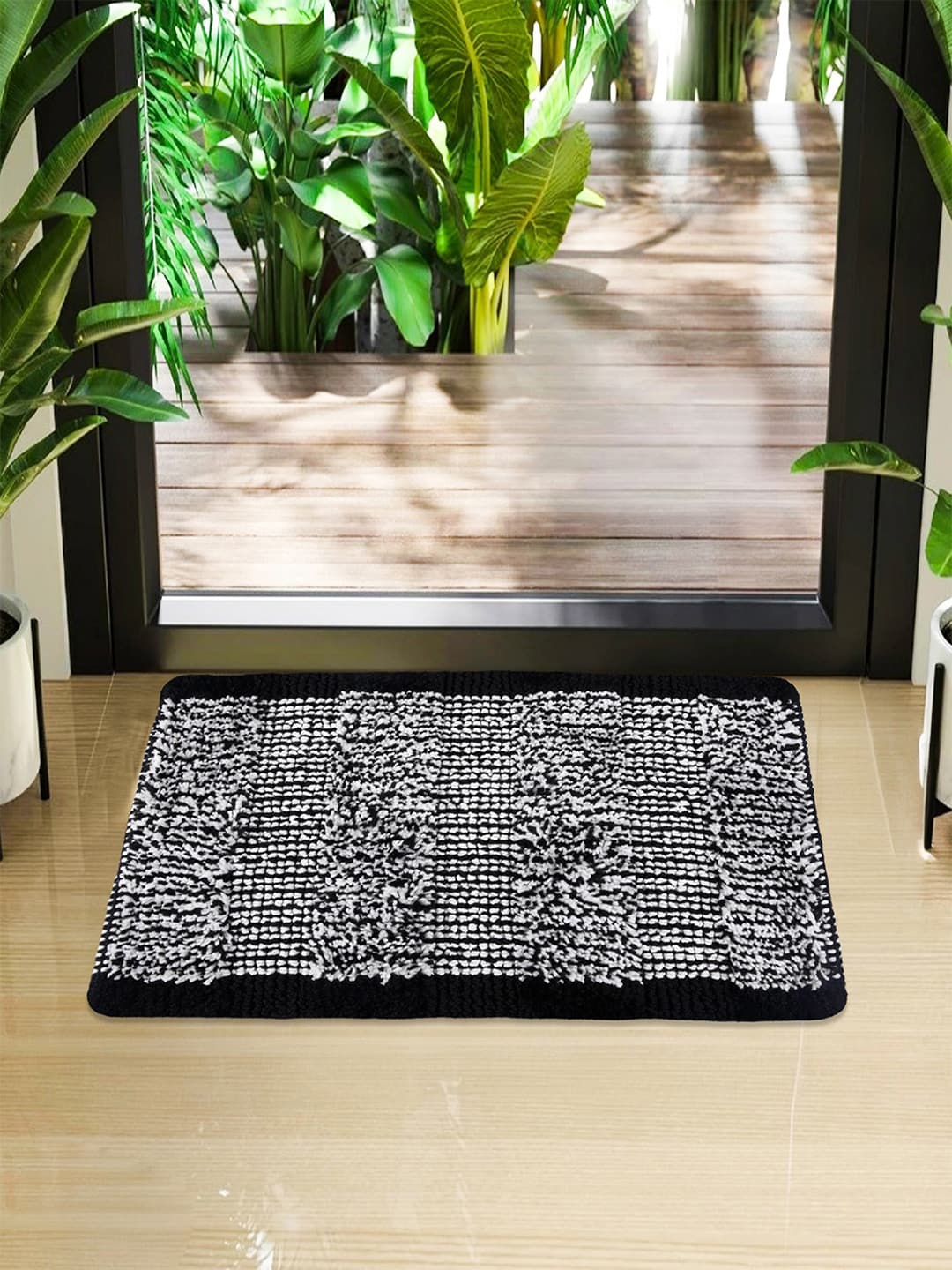 

Kuber Industries Black & White 2 Pieces Woven Design Microfiber Doormats