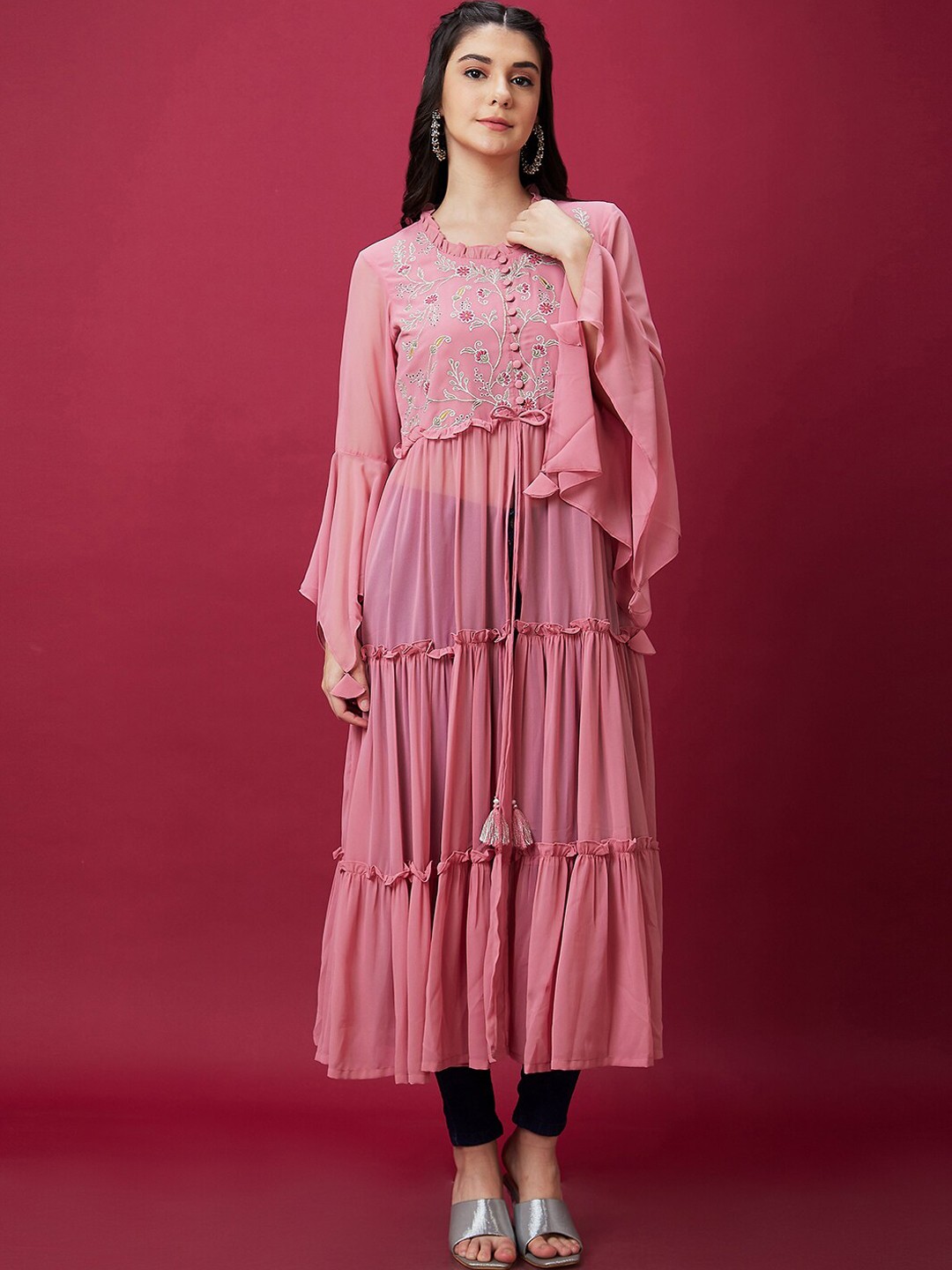 

Globus Floral Embroidered Flared Kurta, Pink