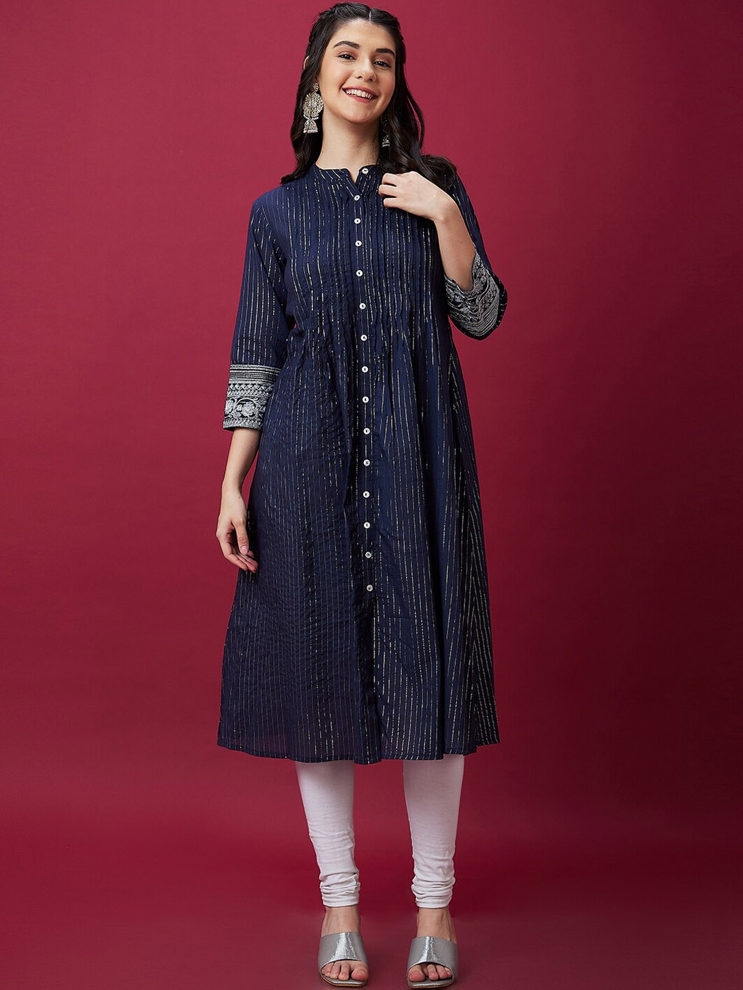 

Globus Striped Thread Work Pure Cotton A-Line Kurta, Navy blue