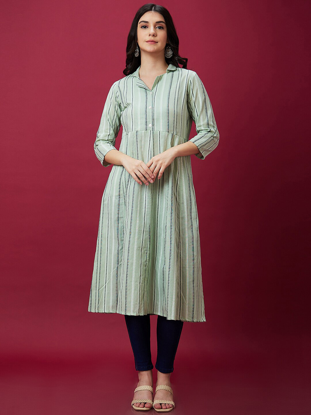 

Globus Green Striped Shirt Collar Cotton A-Line Kurta