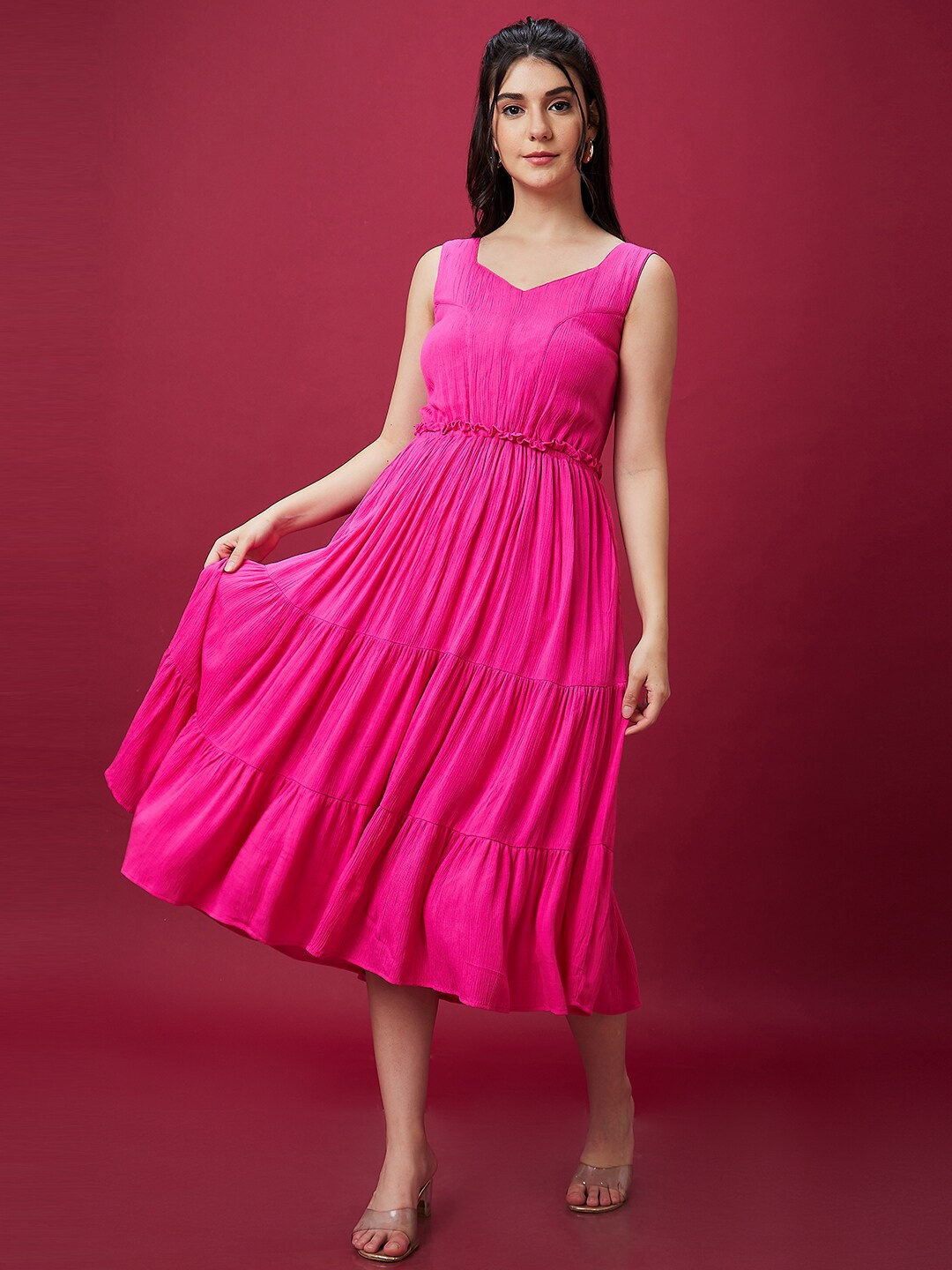 

Globus Smocked Tiered Fit & Flare Midi Dress, Pink