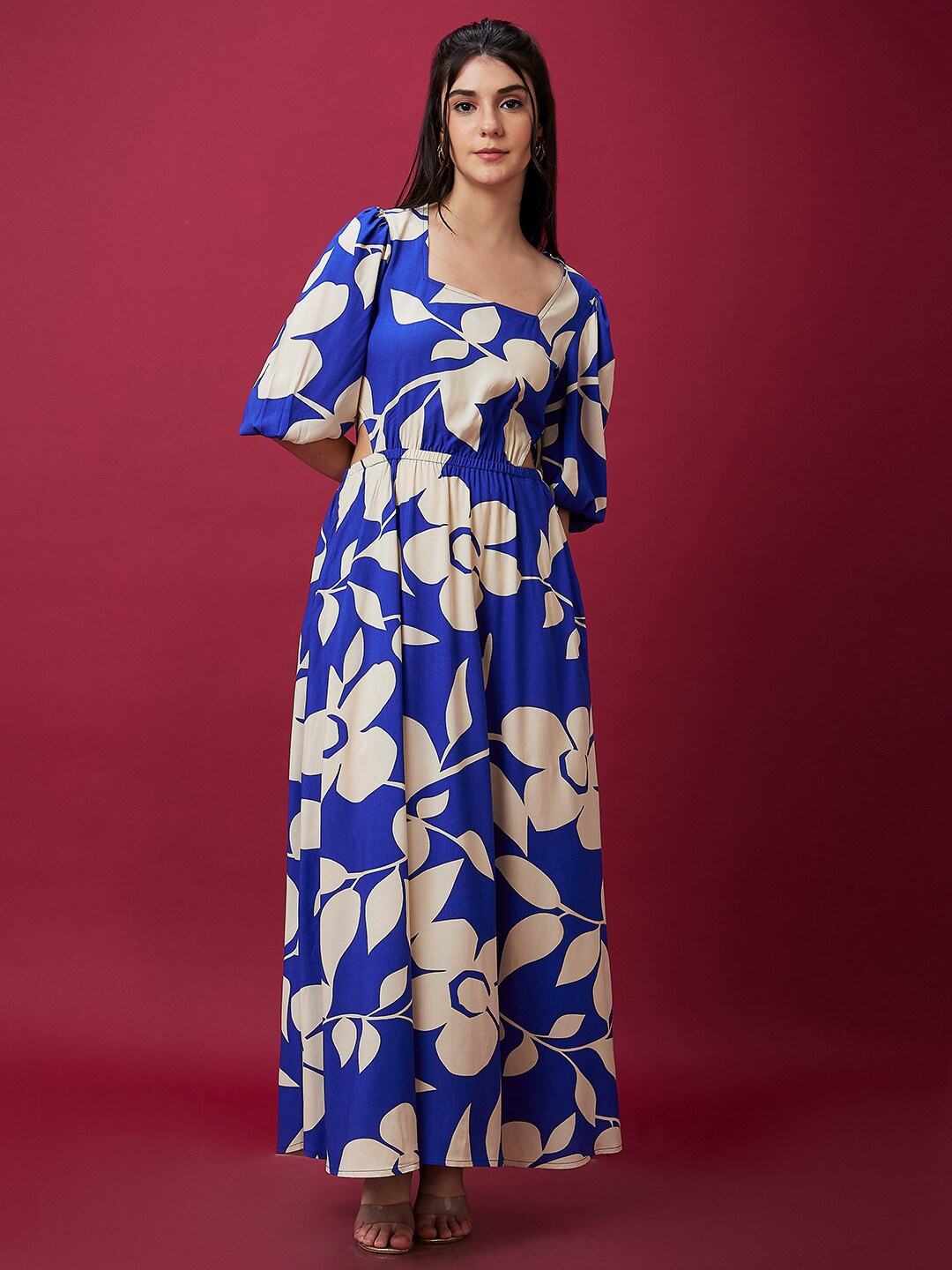 

Globus Floral Printed Square Neck Cut-Outs Maxi Dress, Blue