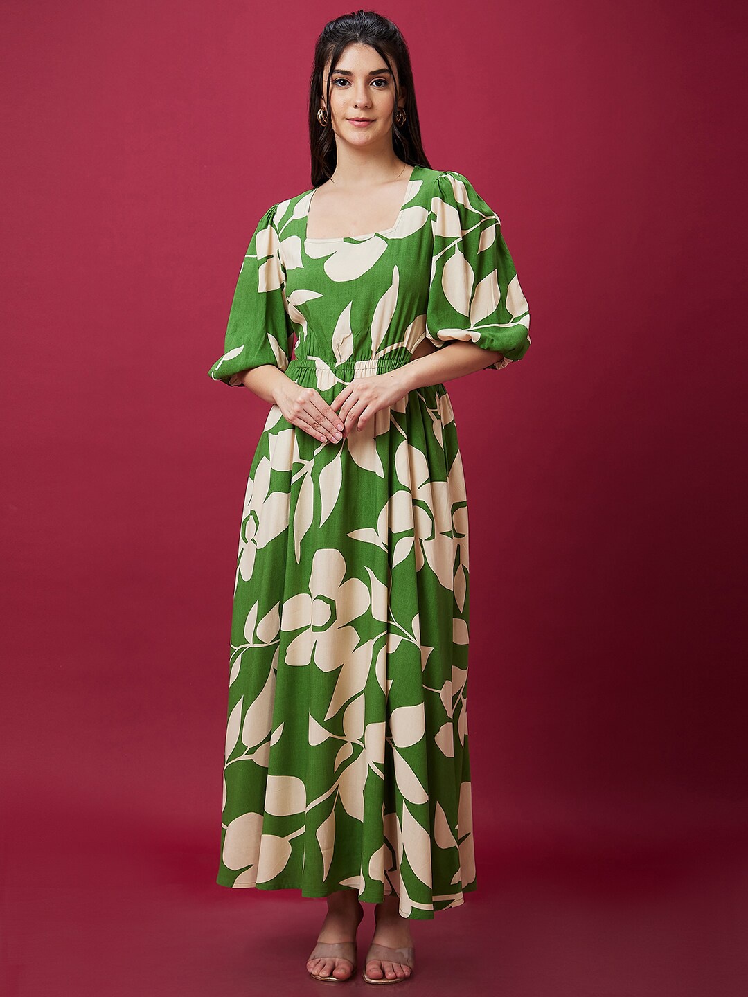 

Globus Floral Printed Square Neck Cut-Outs Maxi Dress, Green