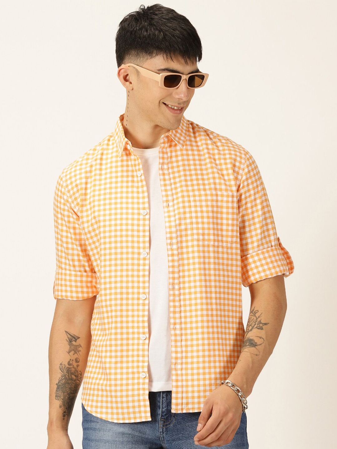 

Moda Rapido Orange Classic Gingham Checked Oxford Pure Cotton Slim Fit Casual Shirt