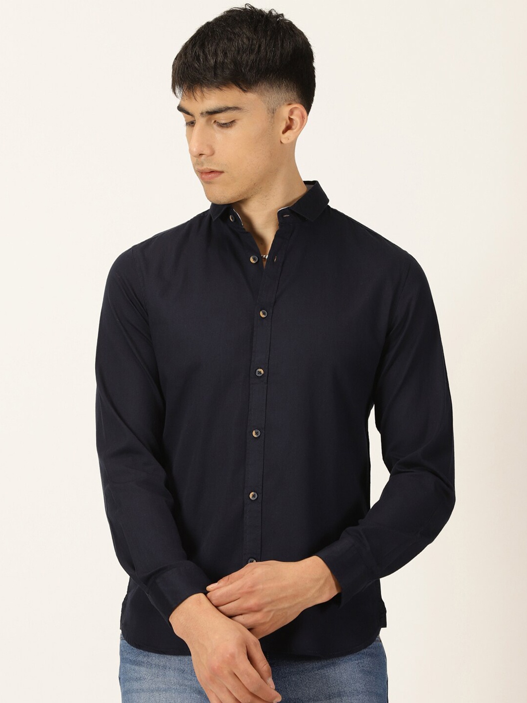 

Mast & Harbour Navy Blue Classic Slim Fit Opaque Cotton Casual Shirt