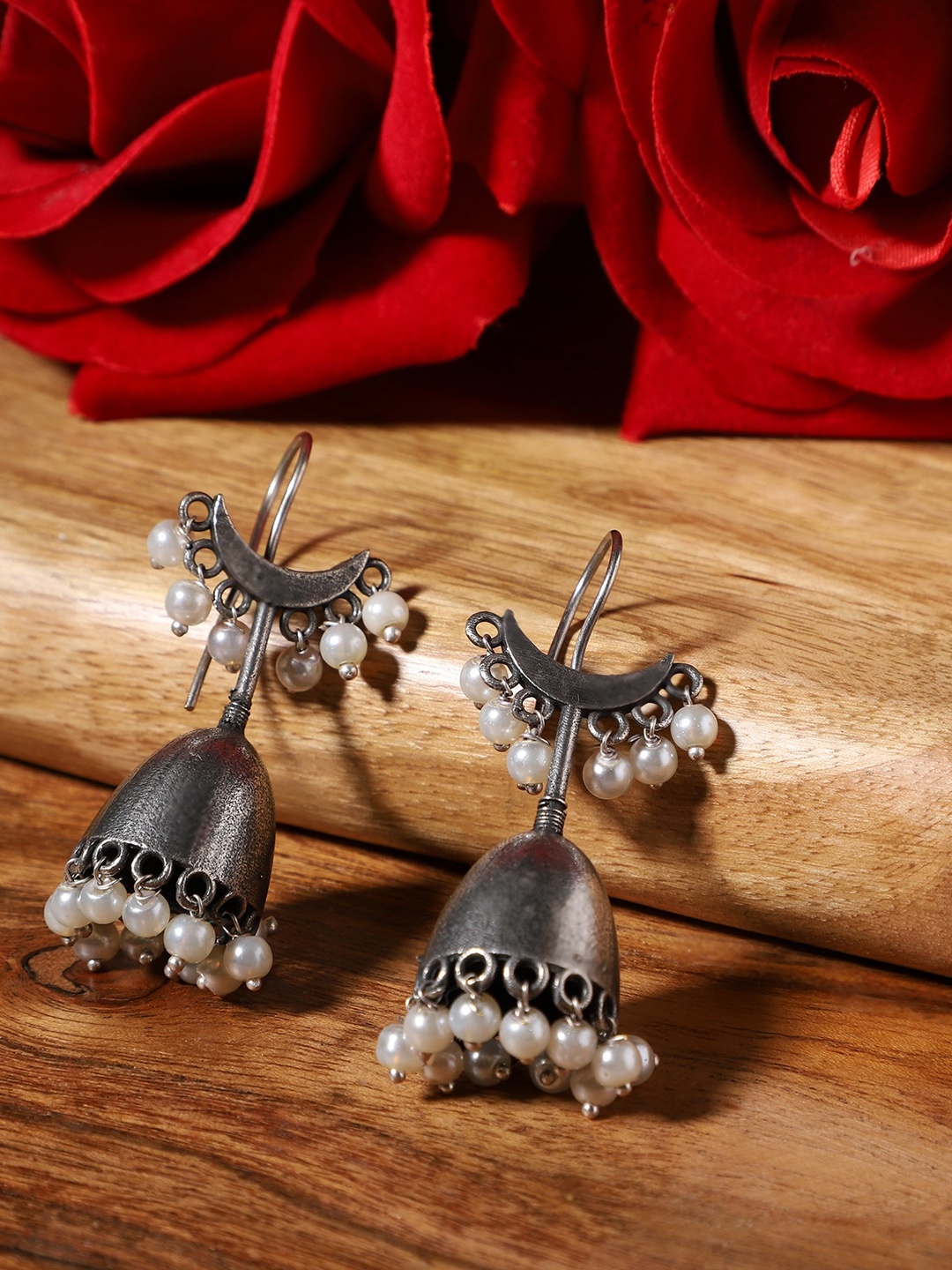 

VENI Silver-Plated Contemporary Oxidised Jhumkas