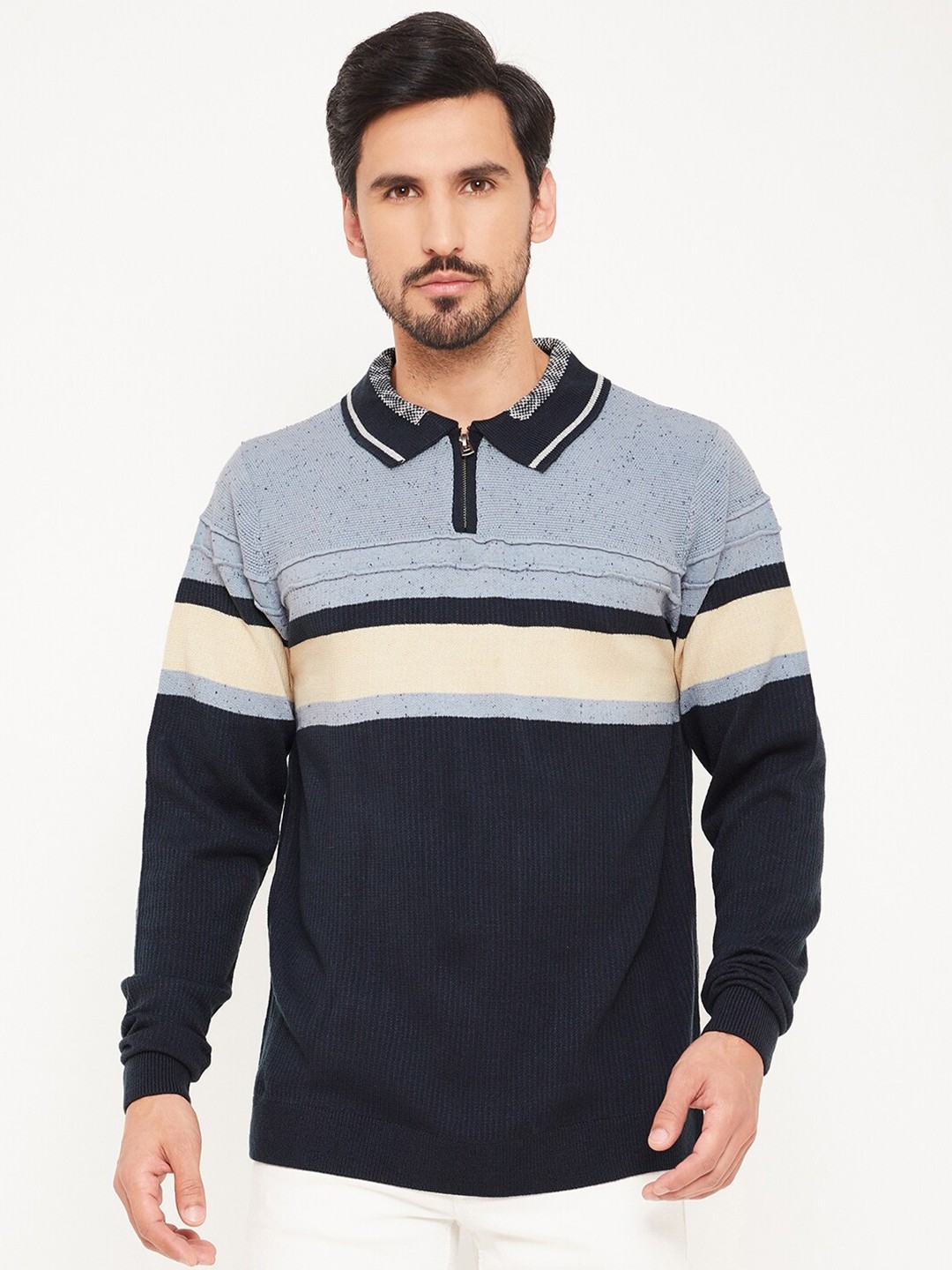 

GABBLE & WOLSH Striped Shirt Collar Pure Cotton Pullover, Blue