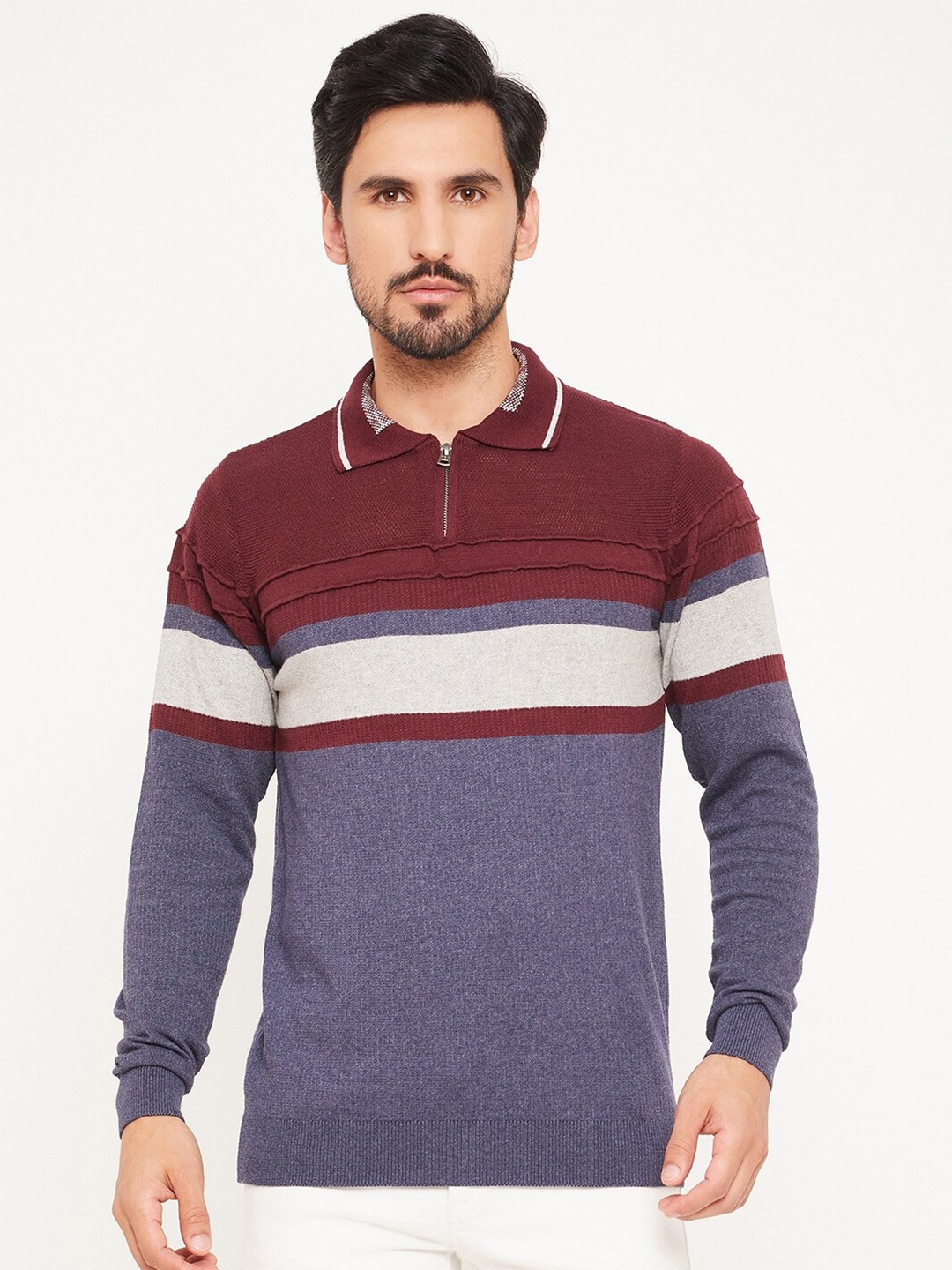 

GABBLE & WOLSH Striped Shirt Collar Pure Cotton Pullover, Purple