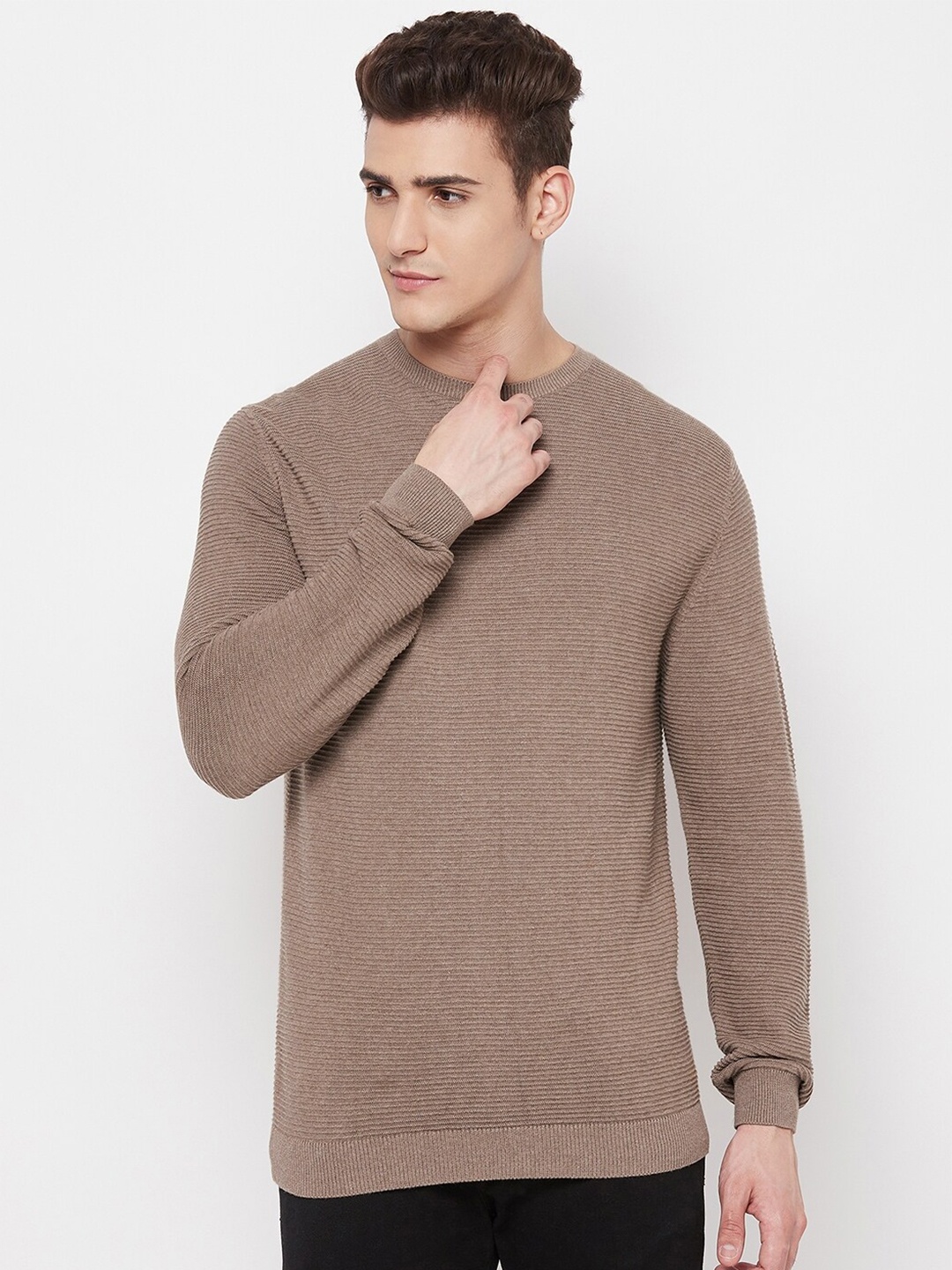 

GABBLE & WOLSH Ribbed Round Neck Long Sleeves Pure Cotton Pullover Sweater, Beige