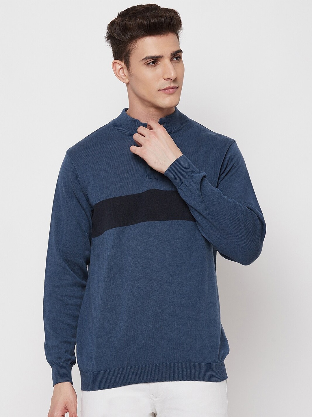 

GABBLE & WOLSH Striped Mock Collar Pure Cotton Pullover, Blue