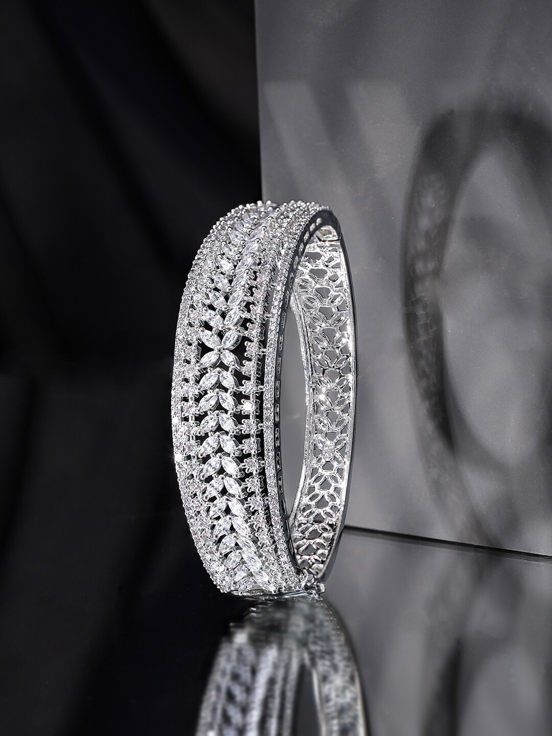 

Rubans Women Rhodium-Plated Brass Cubic Zirconia Bangle-Style Bracelet, Silver