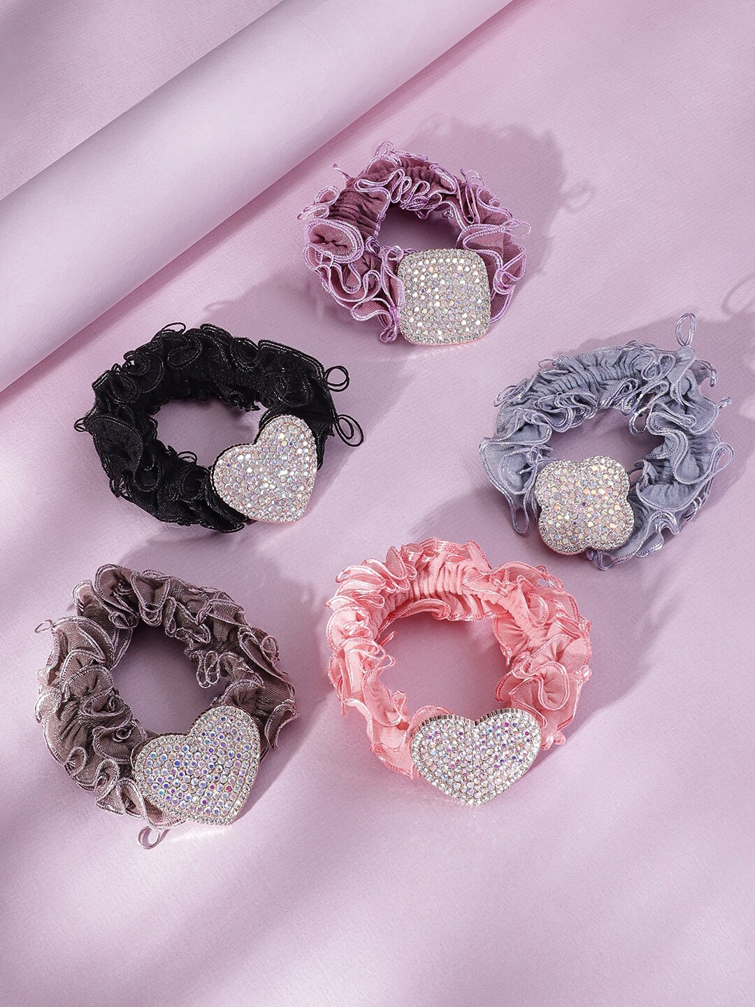 

Rubans Women Set Of 5 Embellished Adjustable Ponytail Holders, Pink