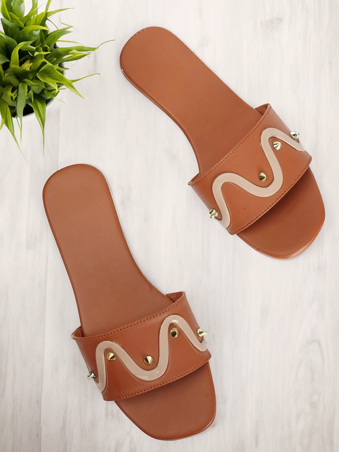 

CLOSHO Embellished Open Toe Flats, Brown
